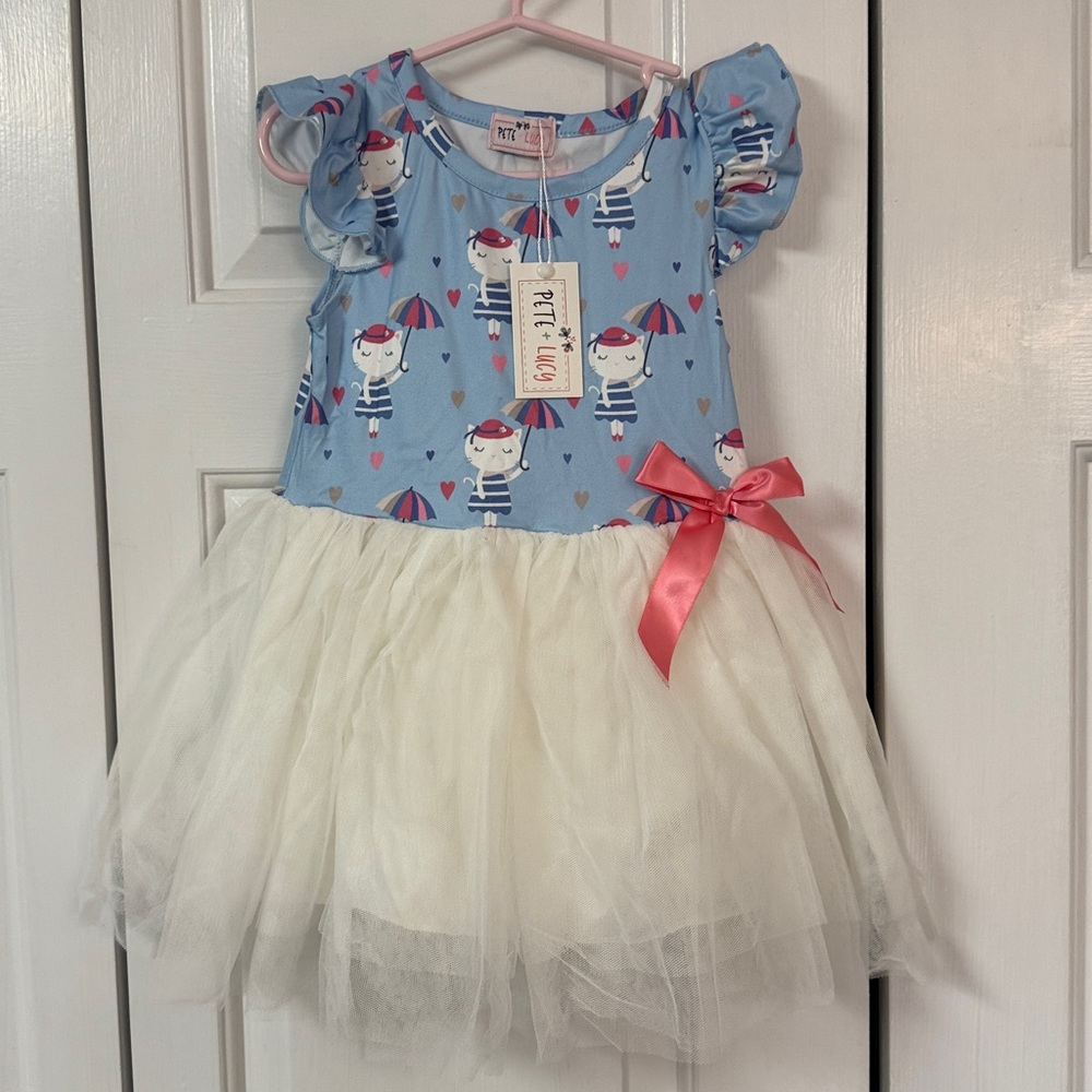 Pete + Lucy Blue and White Tulle Dress with Pink Bow